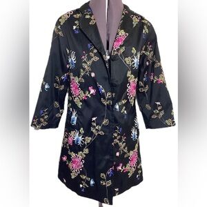 Vintage Asian Black Silk Floral Embroidered Jacket Size S Y2K Maximalist Boho